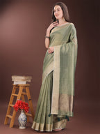 Shree Shyam Fashion Green Organza Saree with Gold Checked Design - Elegant & Classy Traditional Wear for Formal & Festive Occasions