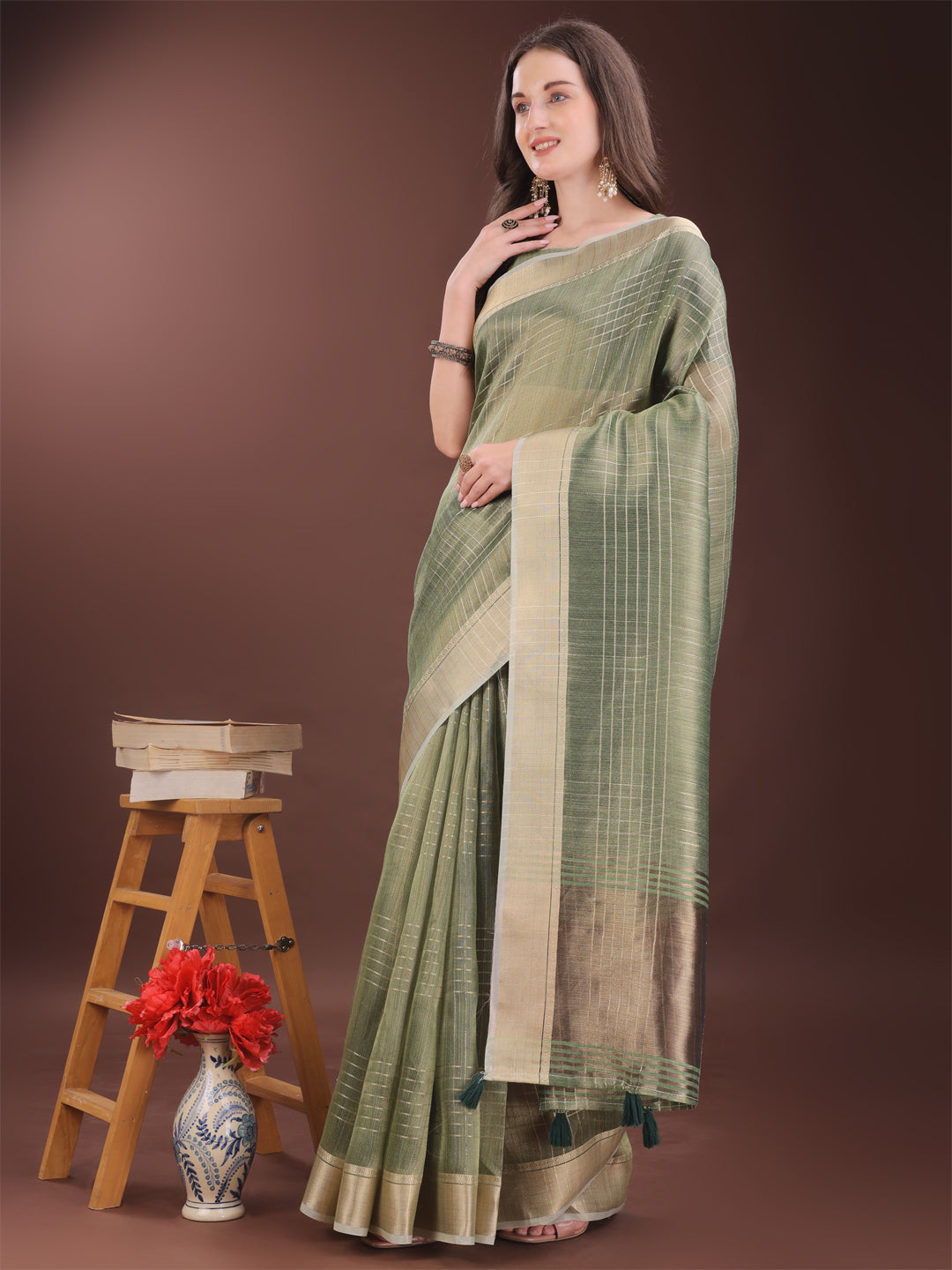 Shree Shyam Fashion Green Organza Saree with Gold Checked Design - Elegant & Classy Traditional Wear for Formal & Festive Occasions