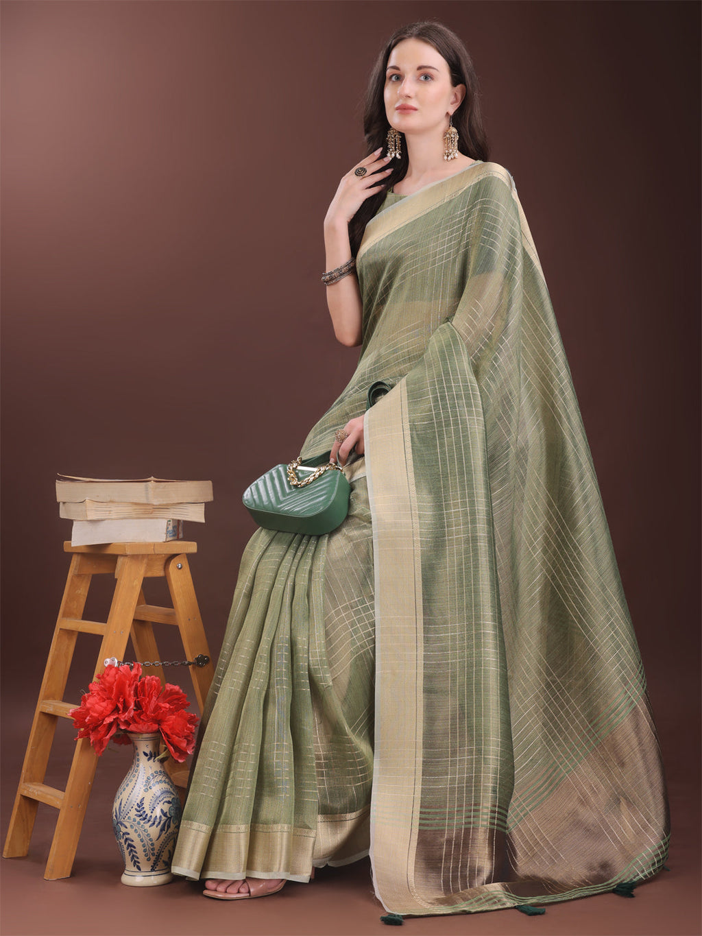 Shree Shyam Fashion Green Organza Saree with Gold Checked Design - Elegant & Classy Traditional Wear for Formal & Festive Occasions