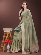 Shree Shyam Fashion Green Organza Saree with Gold Checked Design - Elegant & Classy Traditional Wear for Formal & Festive Occasions