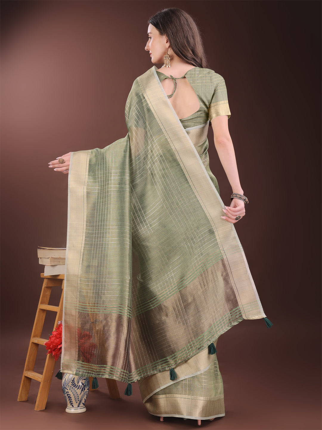 Shree Shyam Fashion Green Organza Saree with Gold Checked Design - Elegant & Classy Traditional Wear for Formal & Festive Occasions