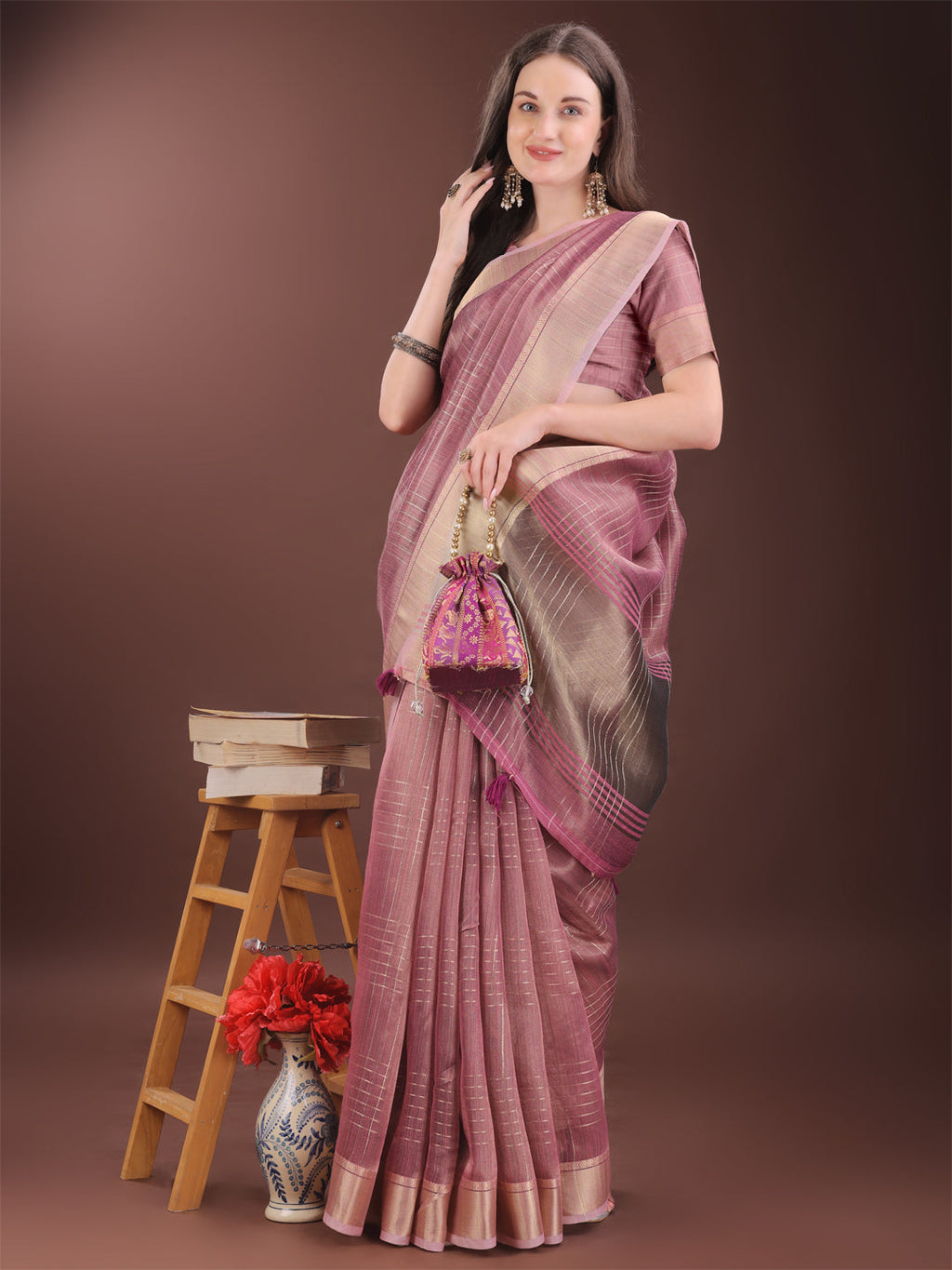 Shree Shyam Fashion Pink Organza Saree with Gold Checked Design - Elegant & Classy Traditional Wear for Formal & Festive Occasions