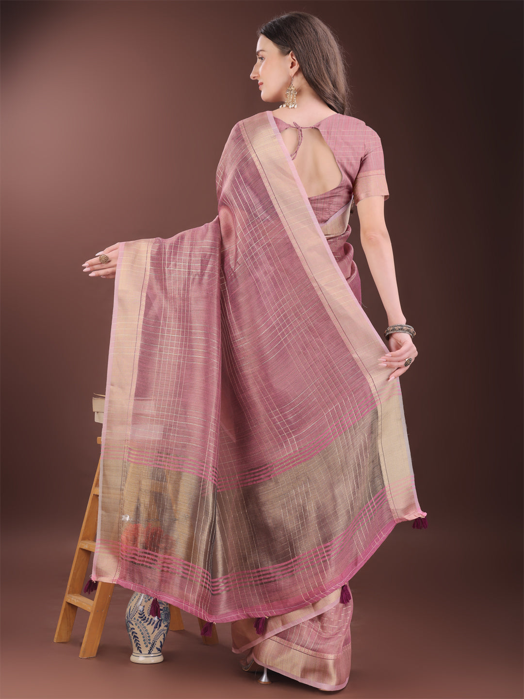 Shree Shyam Fashion Pink Organza Saree with Gold Checked Design - Elegant & Classy Traditional Wear for Formal & Festive Occasions