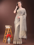 Shree Shyam Fashion Beige Organza Saree with Gold Checked Design - Elegant & Classy Traditional Wear for Formal & Festive Occasions