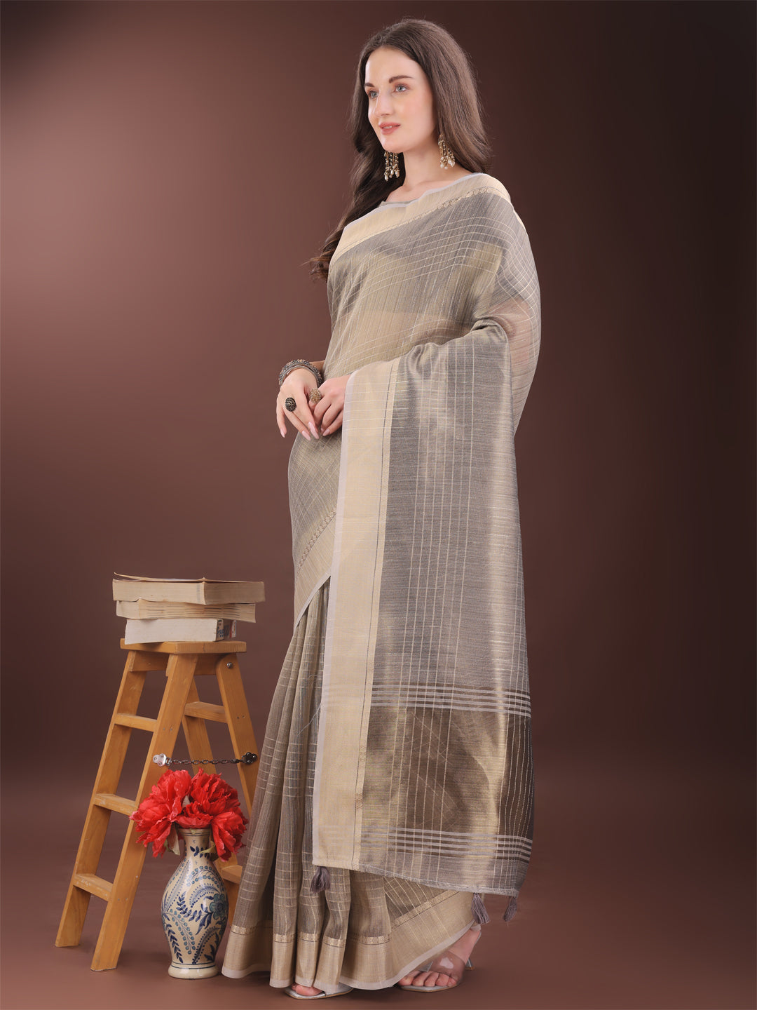 Shree Shyam Fashion Beige Organza Saree with Gold Checked Design - Elegant & Classy Traditional Wear for Formal & Festive Occasions