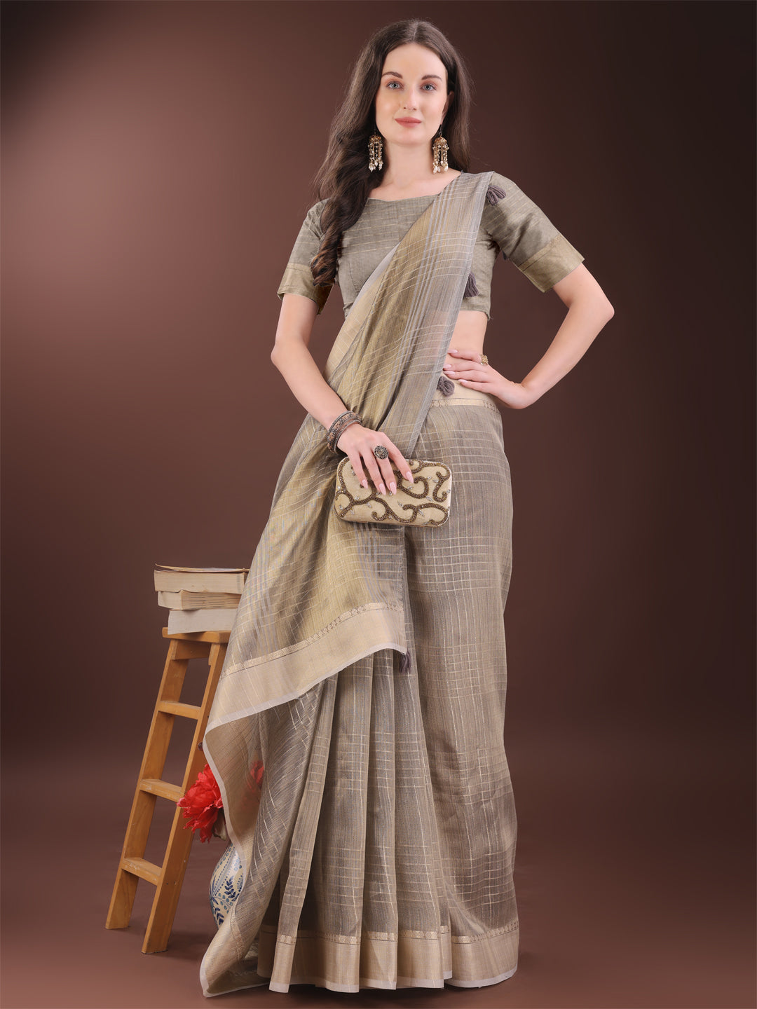 Shree Shyam Fashion Beige Organza Saree with Gold Checked Design - Elegant & Classy Traditional Wear for Formal & Festive Occasions