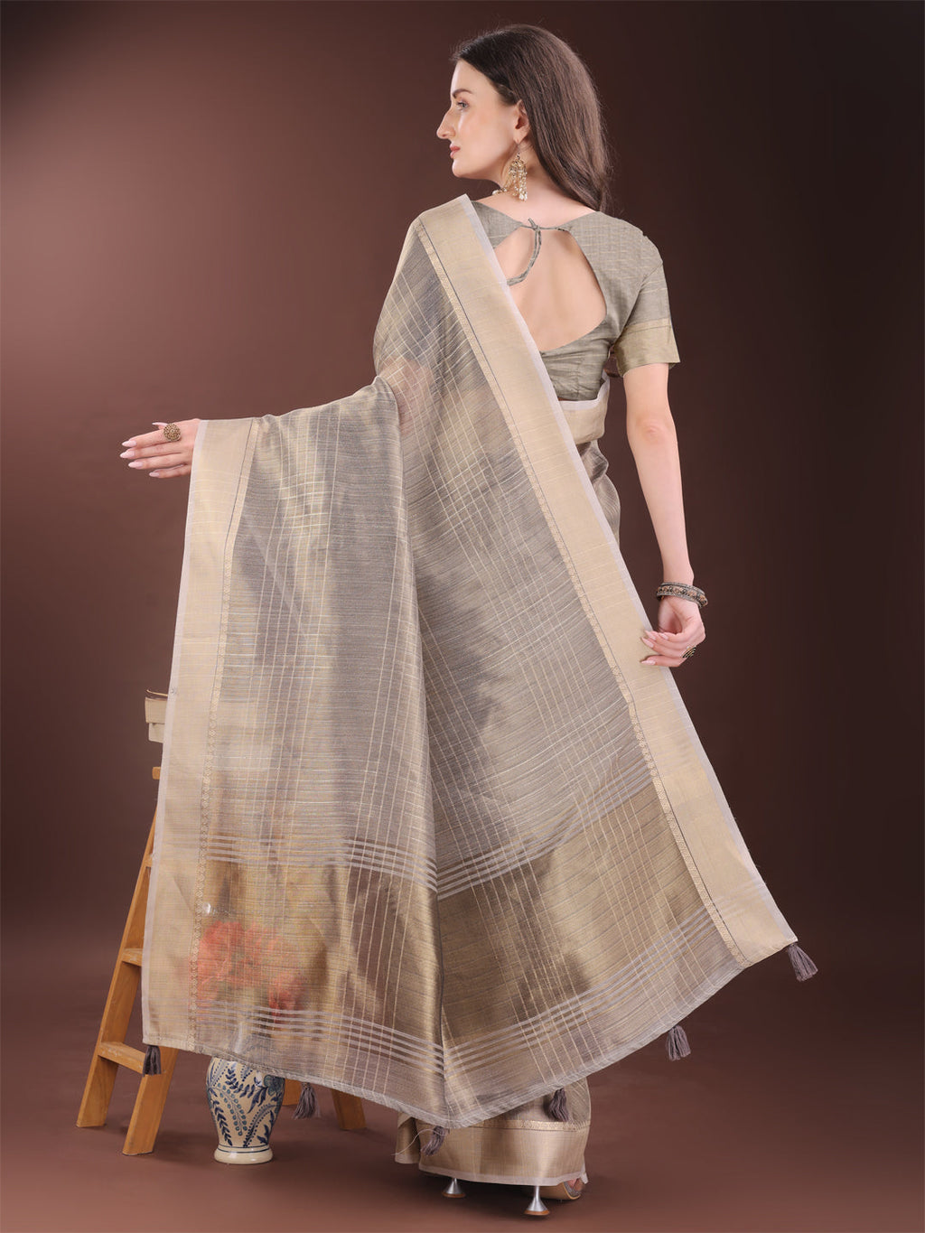 Shree Shyam Fashion Beige Organza Saree with Gold Checked Design - Elegant & Classy Traditional Wear for Formal & Festive Occasions