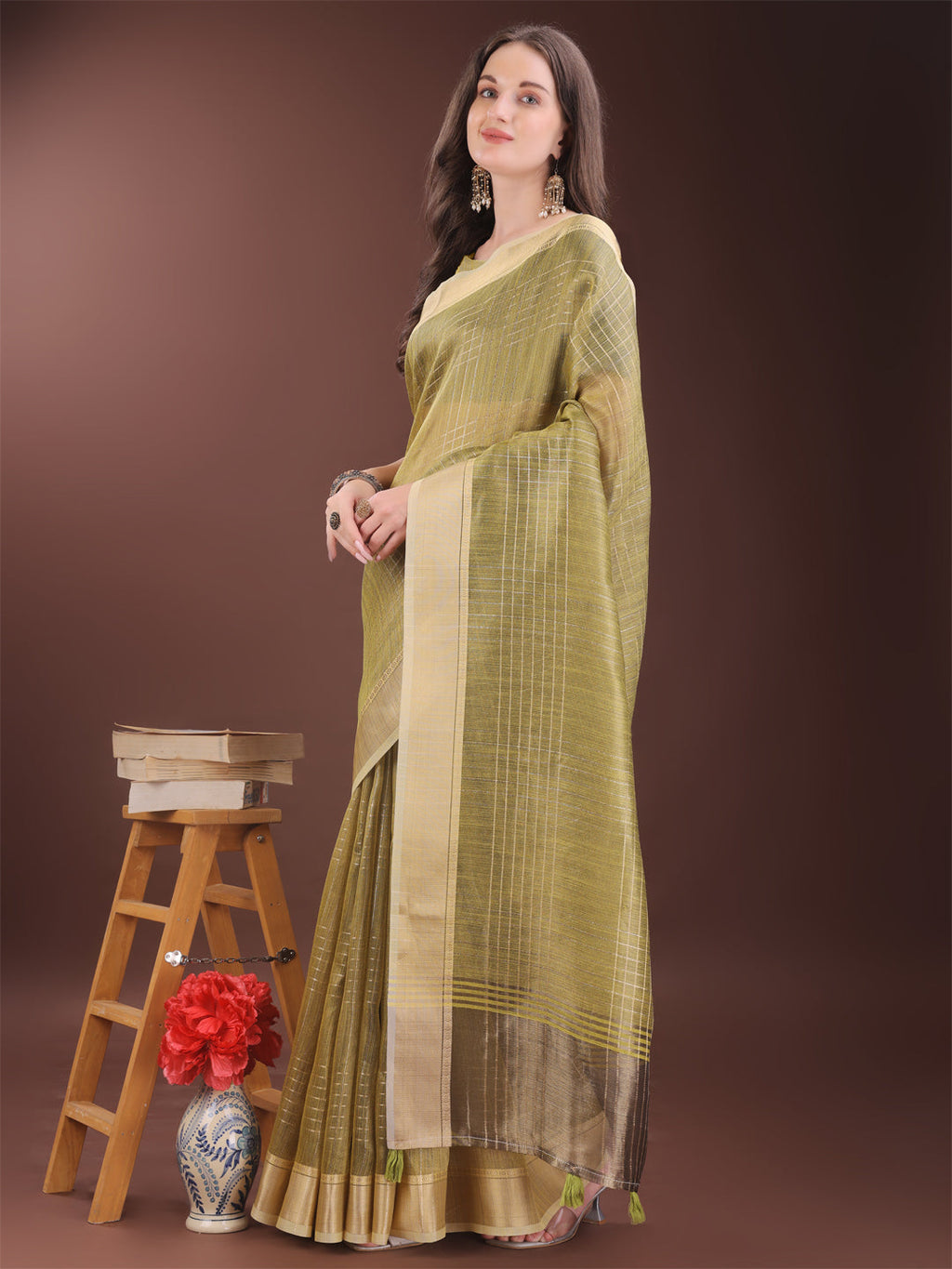 Shree Shyam Fashion Mehndi Green Organza Saree with Gold Checked Design - Elegant & Classy Traditional Wear for Formal & Festive Occasions