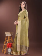 Shree Shyam Fashion Mehndi Green Organza Saree with Gold Checked Design - Elegant & Classy Traditional Wear for Formal & Festive Occasions