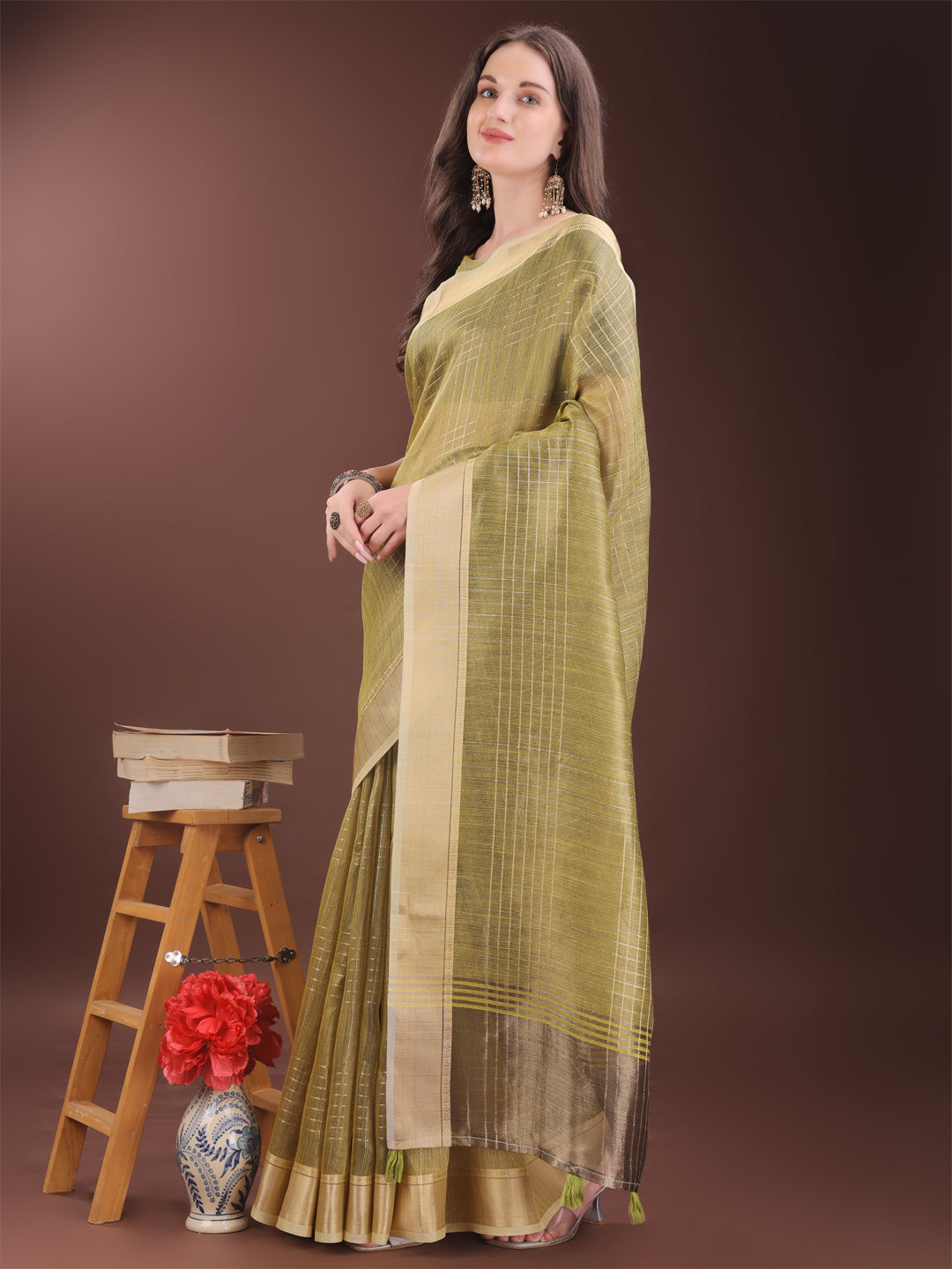 Shree Shyam Fashion Mehndi Green Organza Saree with Gold Checked Design - Elegant & Classy Traditional Wear for Formal & Festive Occasions