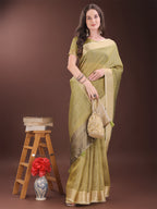 Shree Shyam Fashion Mehndi Green Organza Saree with Gold Checked Design - Elegant & Classy Traditional Wear for Formal & Festive Occasions
