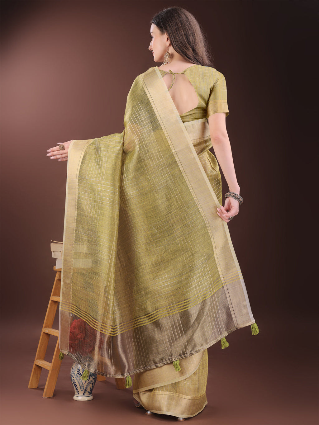 Shree Shyam Fashion Mehndi Green Organza Saree with Gold Checked Design - Elegant & Classy Traditional Wear for Formal & Festive Occasions