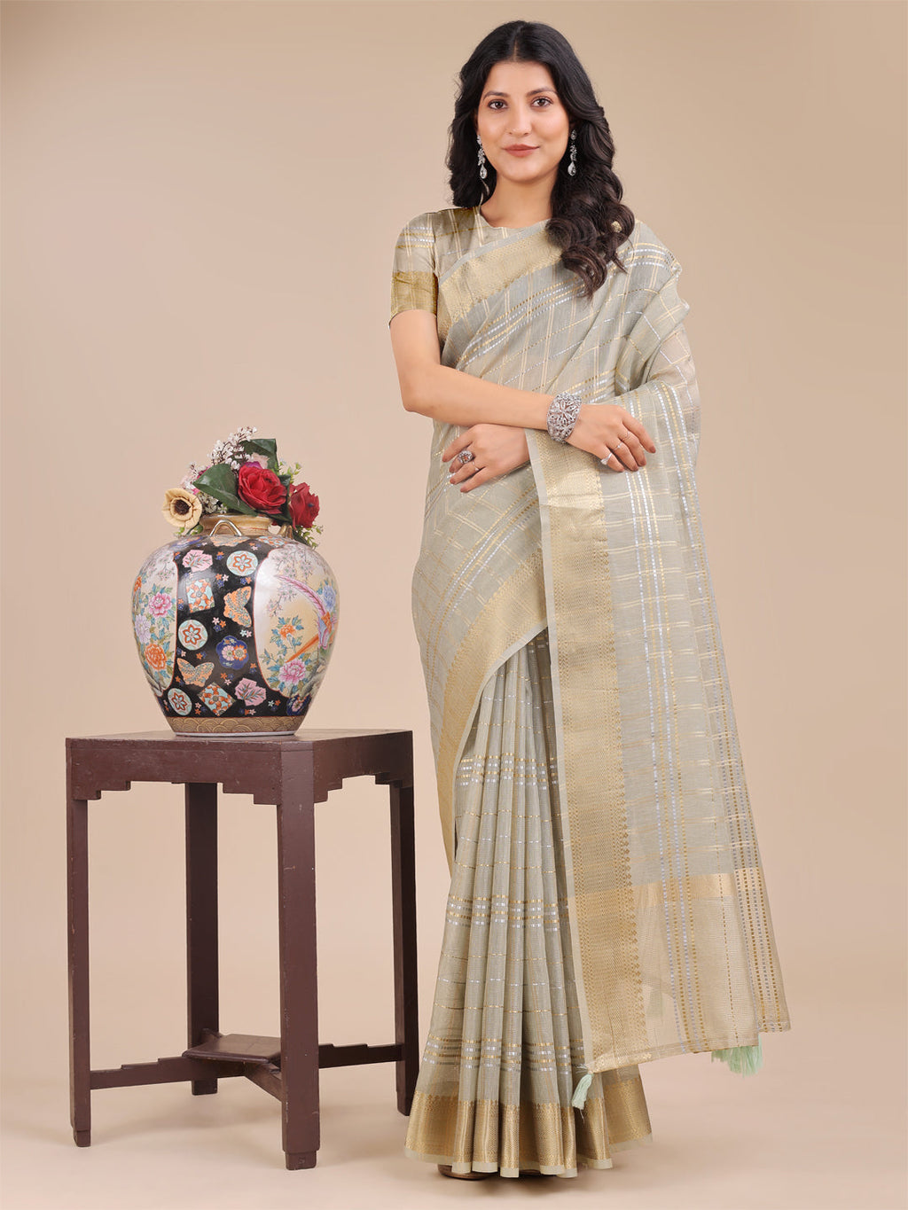 Shree Shyam Fashion Beige Organza Woven Zari Work Traditional Tassel Saree