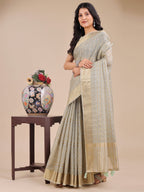 Shree Shyam Fashion Beige Organza Woven Zari Work Traditional Tassel Saree