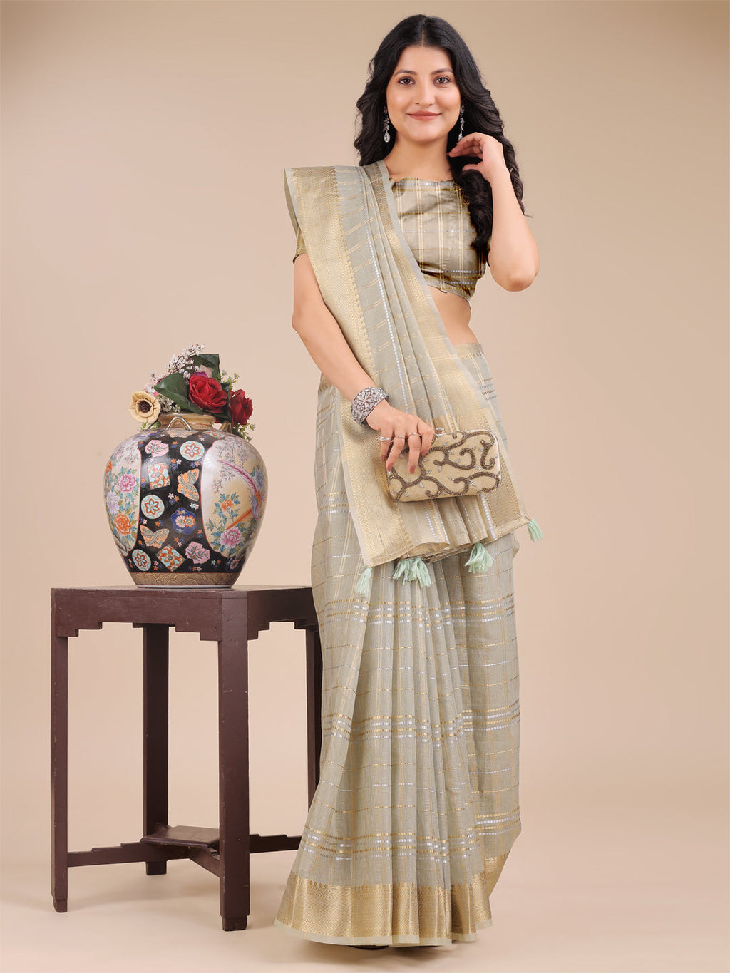 Shree Shyam Fashion Beige Organza Woven Zari Work Traditional Tassel Saree