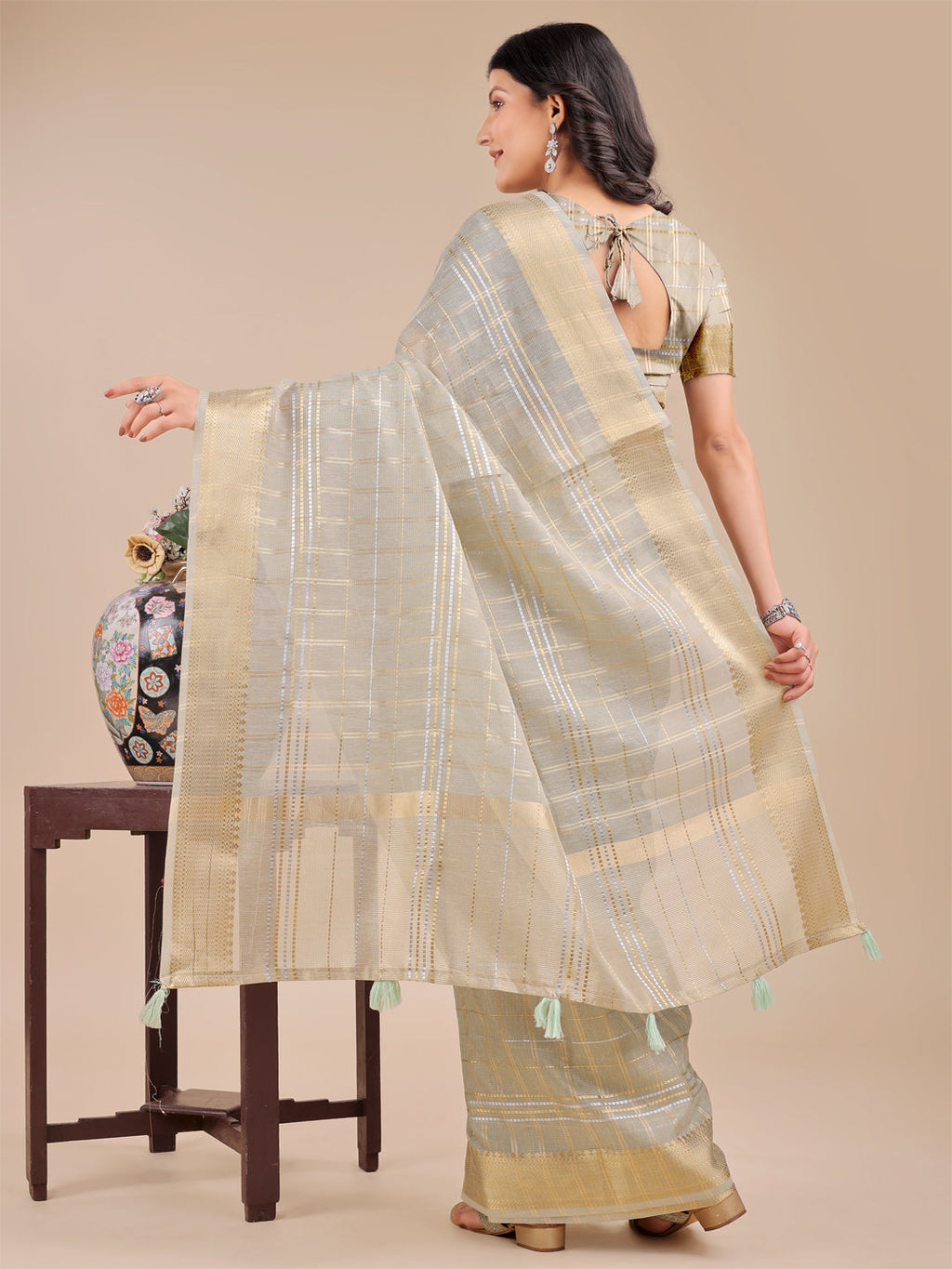 Shree Shyam Fashion Beige Organza Woven Zari Work Traditional Tassel Saree