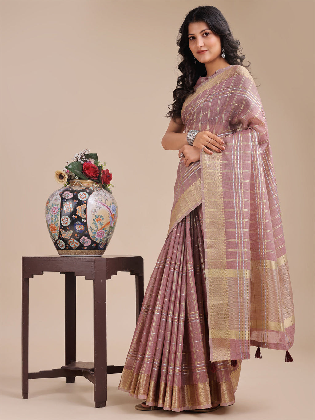Shree Shyam Fashion Purple Organza Woven Zari Work Traditional Tassel Saree