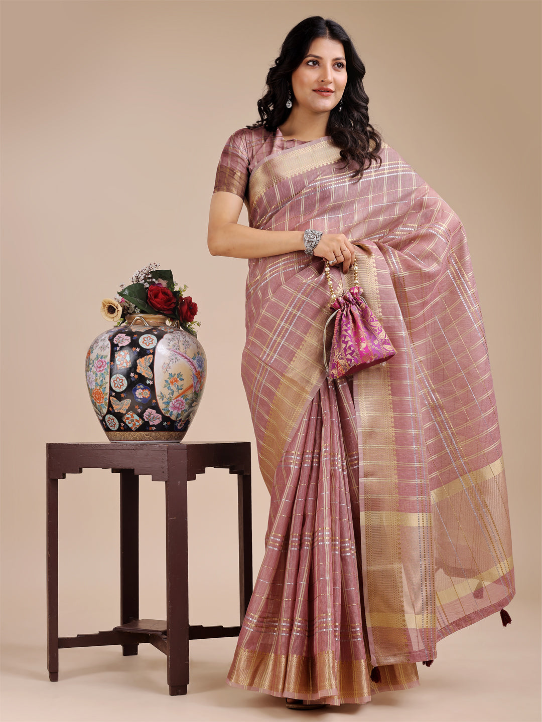 Shree Shyam Fashion Purple Organza Woven Zari Work Traditional Tassel Saree