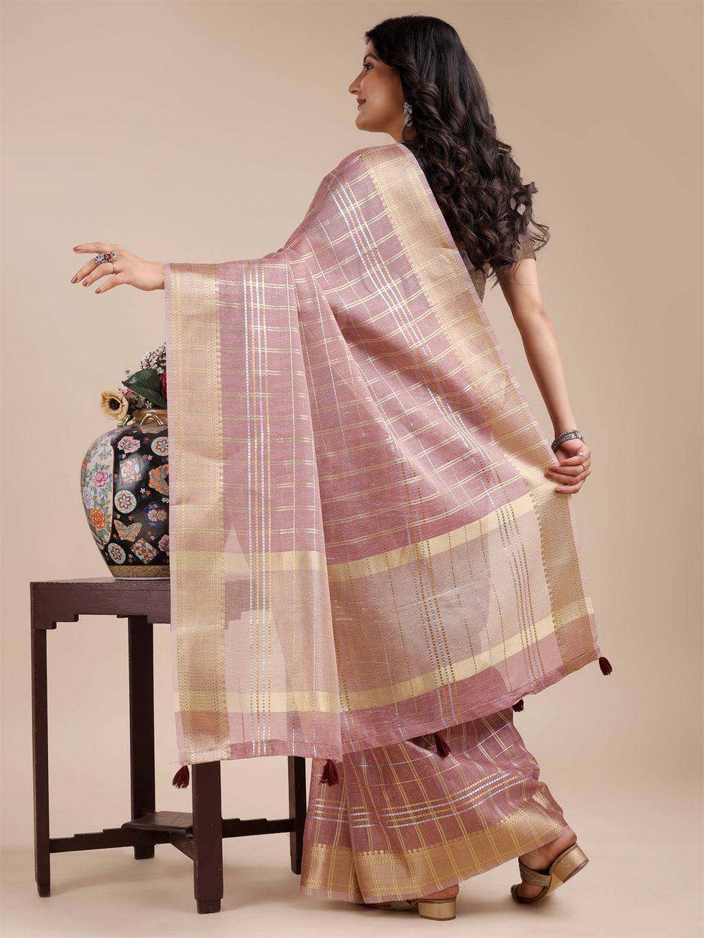 Shree Shyam Fashion Purple Organza Woven Zari Work Traditional Tassel Saree