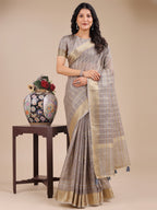 Shree Shyam Fashion Tan Organza Woven Zari Work Traditional Tassel Saree