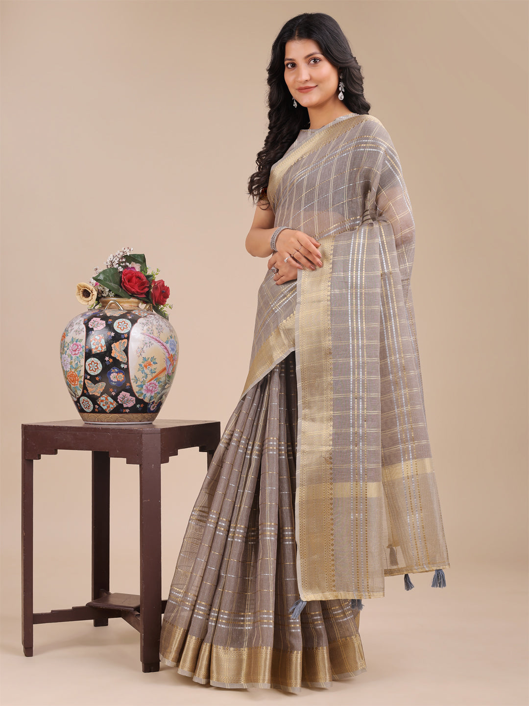 Shree Shyam Fashion Tan Organza Woven Zari Work Traditional Tassel Saree