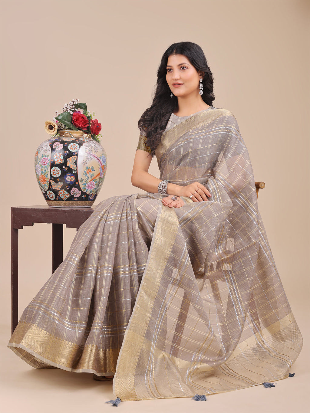 Shree Shyam Fashion Tan Organza Woven Zari Work Traditional Tassel Saree