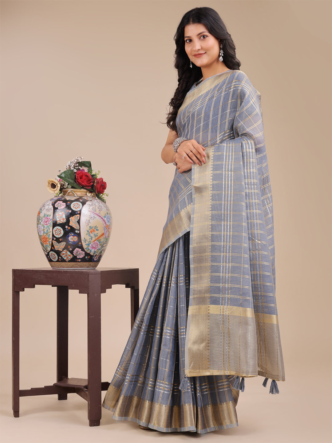 Shree Shyam Fashion Sky Blue Organza Woven Zari Work Traditional Tassel Saree