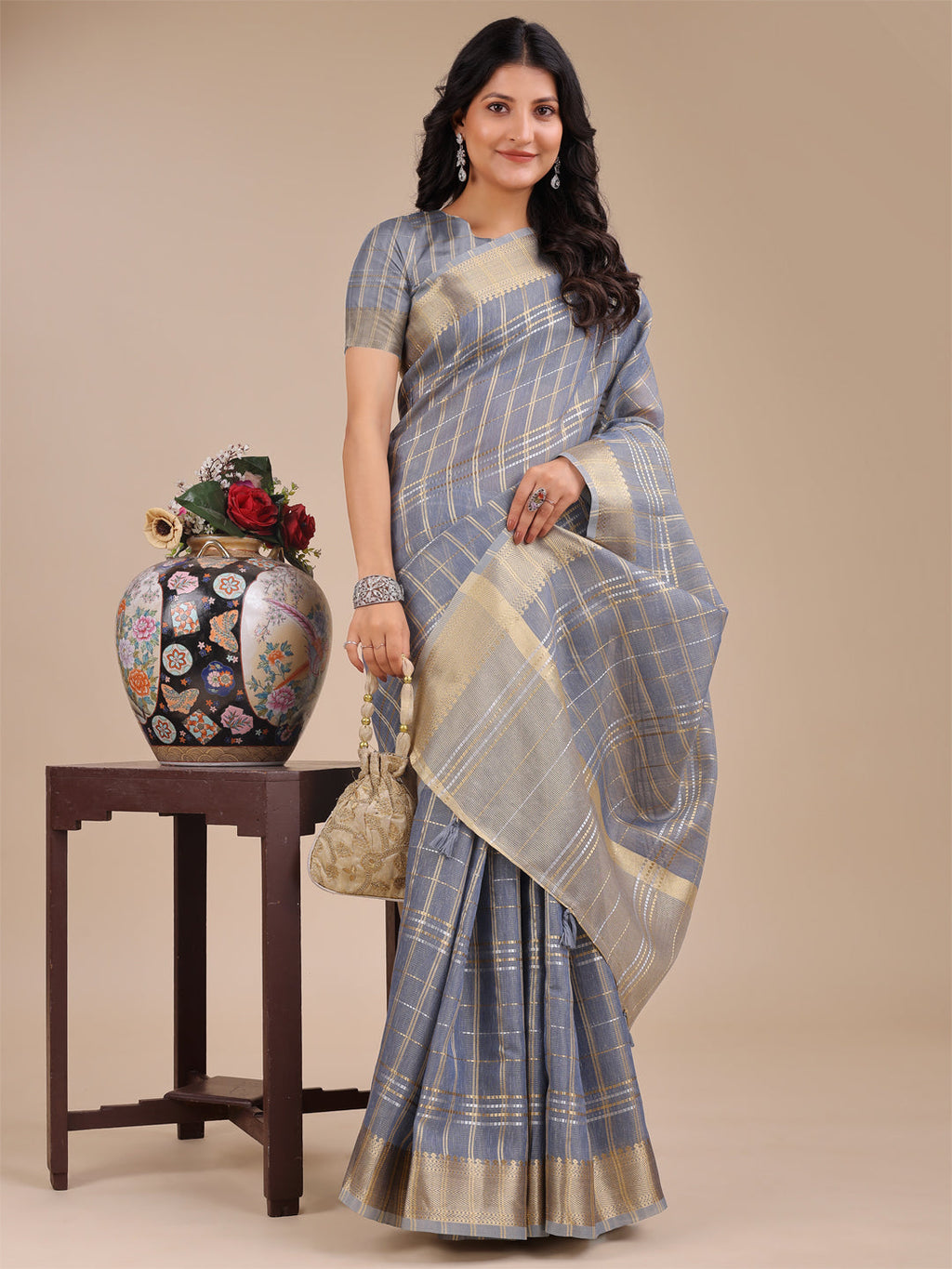Shree Shyam Fashion Sky Blue Organza Woven Zari Work Traditional Tassel Saree