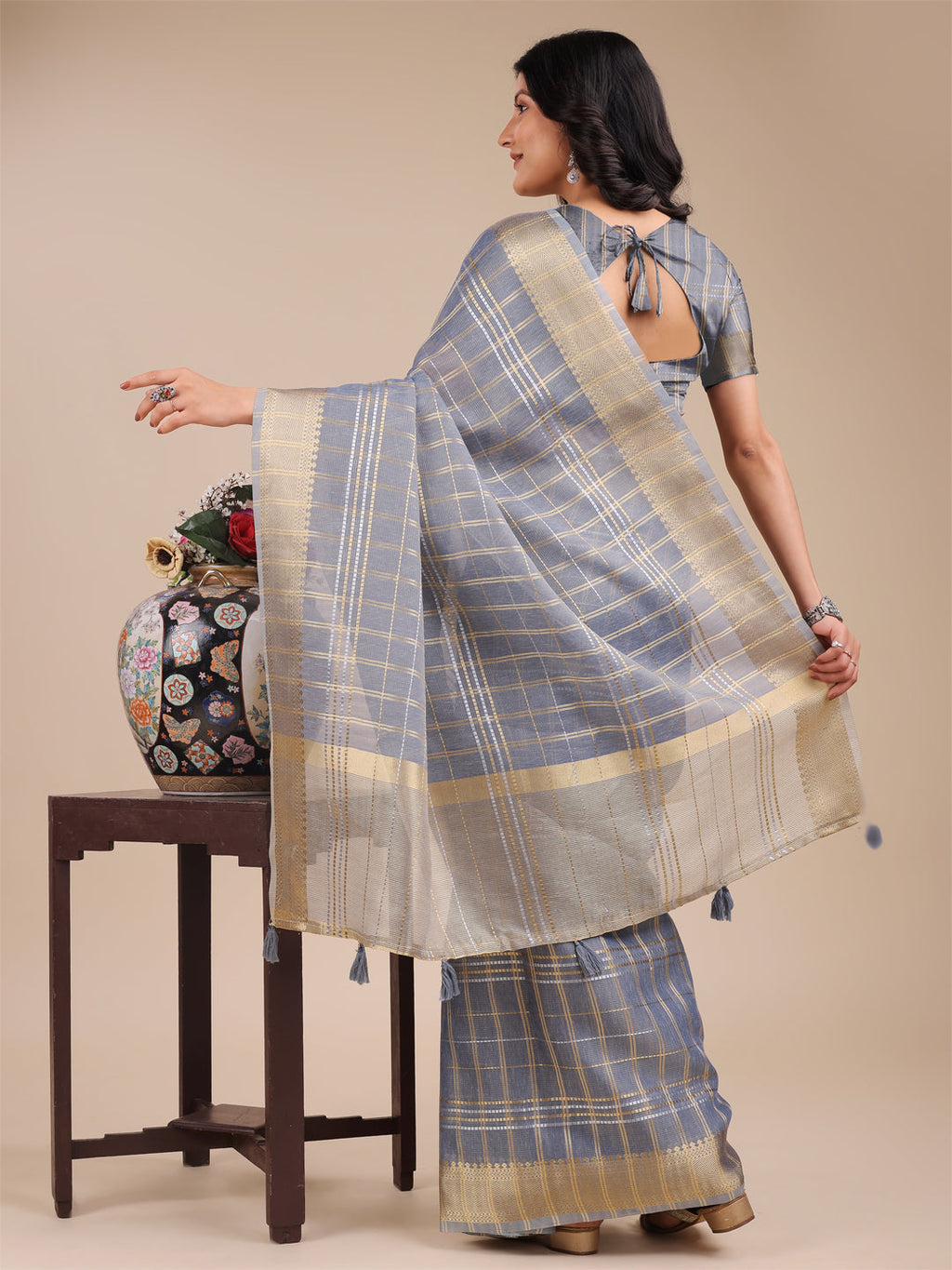 Shree Shyam Fashion Sky Blue Organza Woven Zari Work Traditional Tassel Saree
