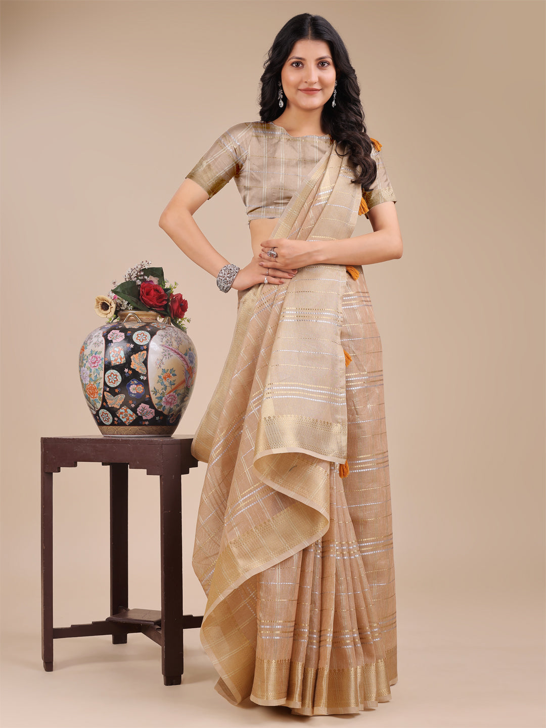 Shree Shyam Fashion Cream Organza Woven Zari Work Traditional Tassel Saree