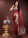 Shree Shyam Fashion Red Organza Woven Zari Work Traditional Tassel Saree