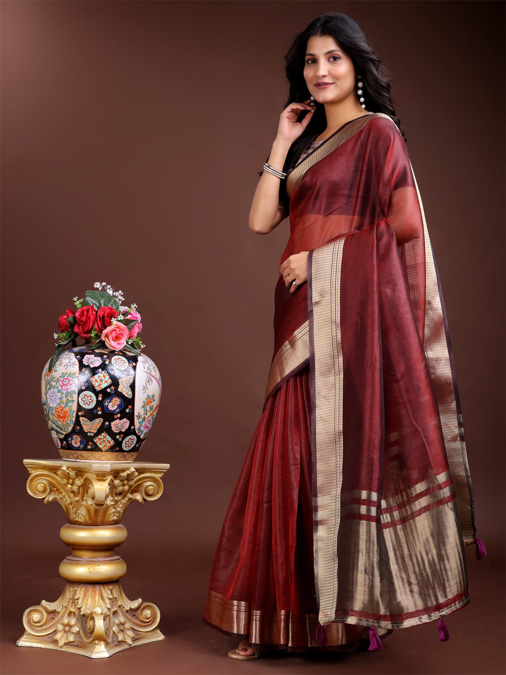 Shree Shyam Fashion Red Organza Woven Zari Work Traditional Tassel Saree