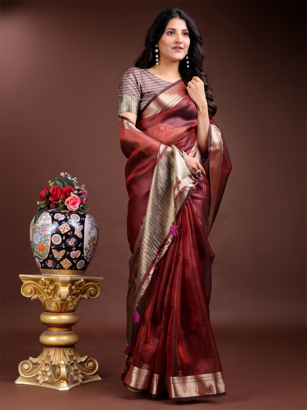 Shree Shyam Fashion Red Organza Woven Zari Work Traditional Tassel Saree