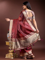 Shree Shyam Fashion Red Organza Woven Zari Work Traditional Tassel Saree