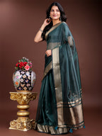 Shree Shyam Fashion Sea Green Organza Woven Zari Work Traditional Tassel Saree