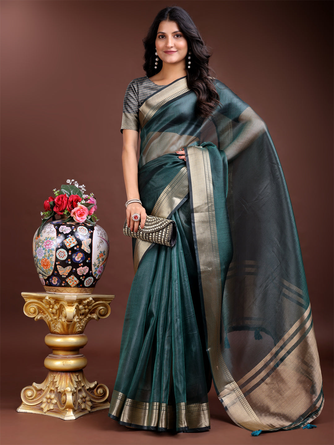 Shree Shyam Fashion Sea Green Organza Woven Zari Work Traditional Tassel Saree