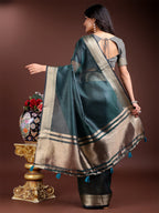 Shree Shyam Fashion Sea Green Organza Woven Zari Work Traditional Tassel Saree