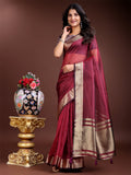 Shree Shyam Fashion Magenta Organza Woven Zari Work Traditional Tassel Saree