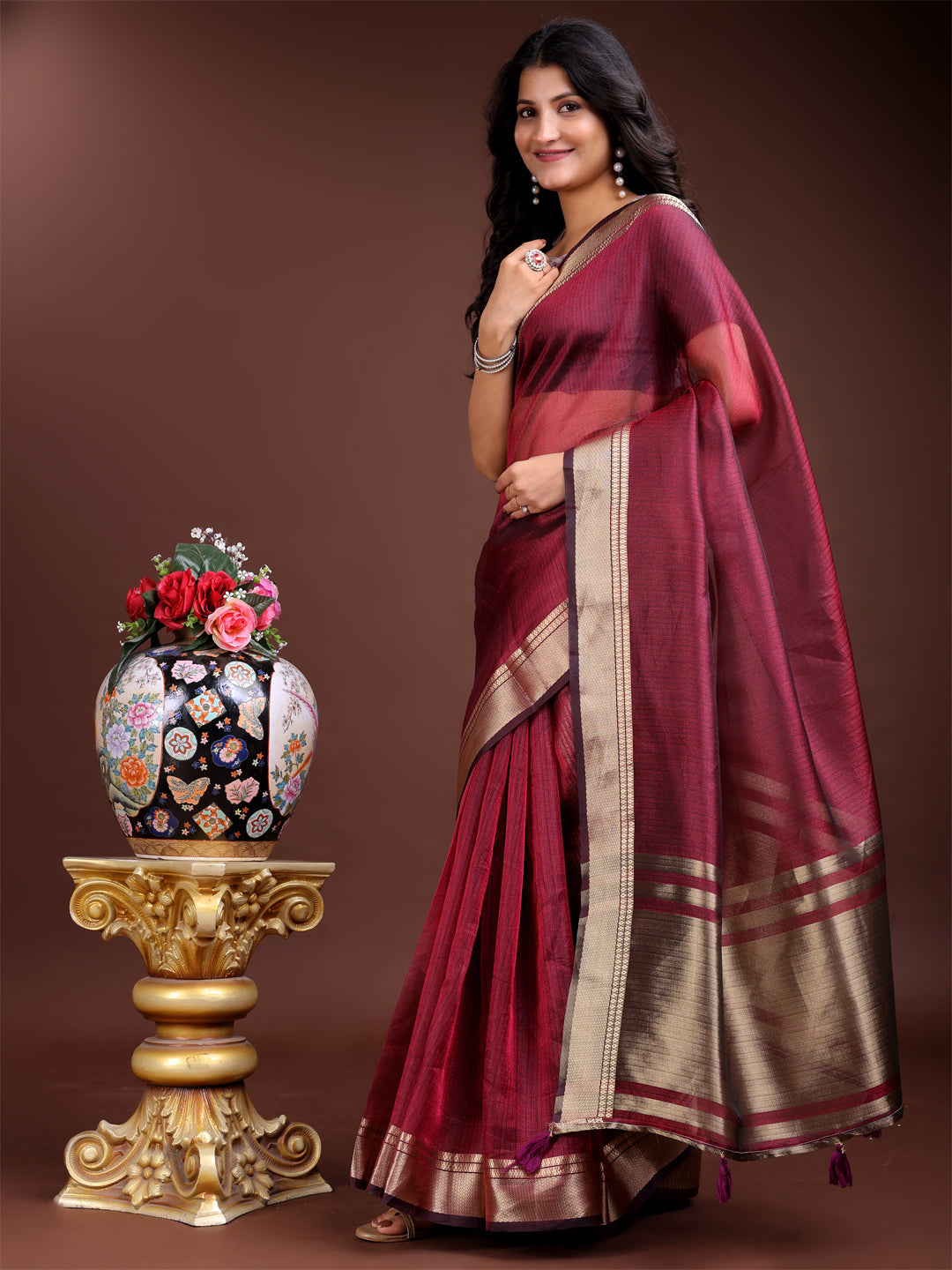 Shree Shyam Fashion Magenta Organza Woven Zari Work Traditional Tassel Saree
