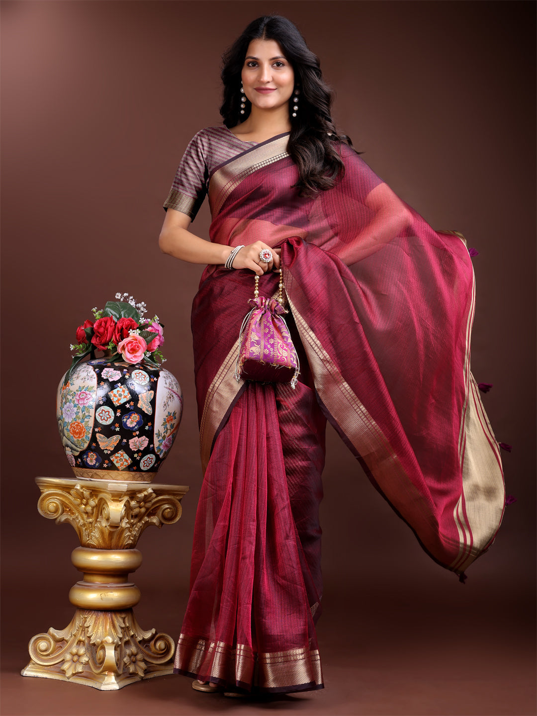 Shree Shyam Fashion Magenta Organza Woven Zari Work Traditional Tassel Saree