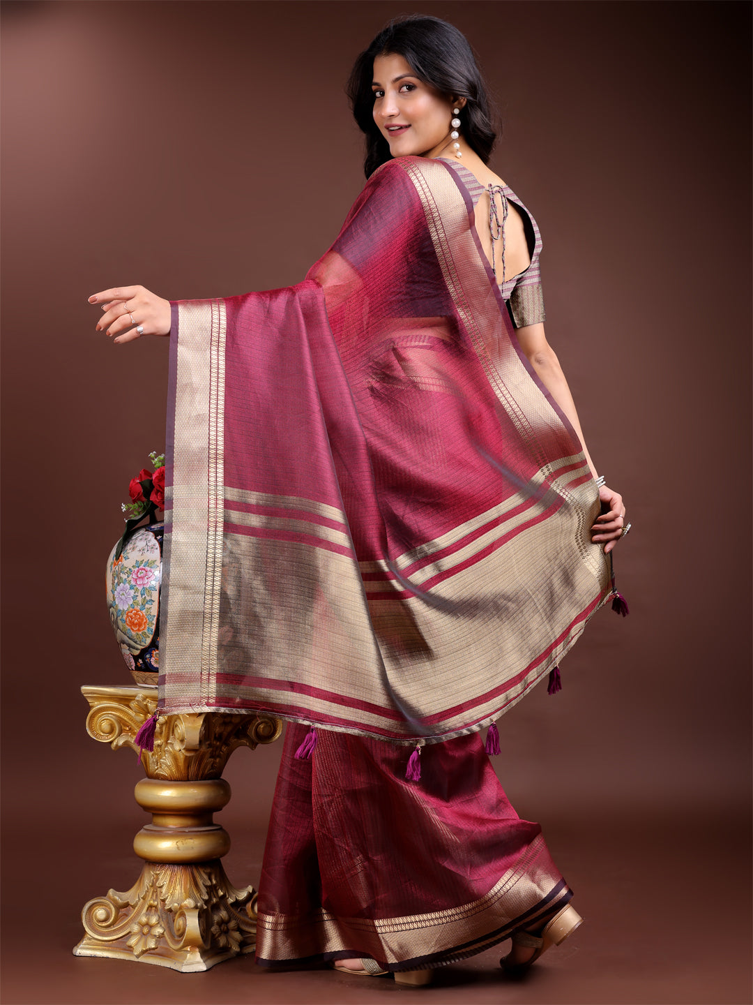 Shree Shyam Fashion Magenta Organza Woven Zari Work Traditional Tassel Saree