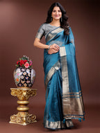 Shree Shyam Fashion Sea Green Organza Woven Zari Work Traditional Tassel Saree