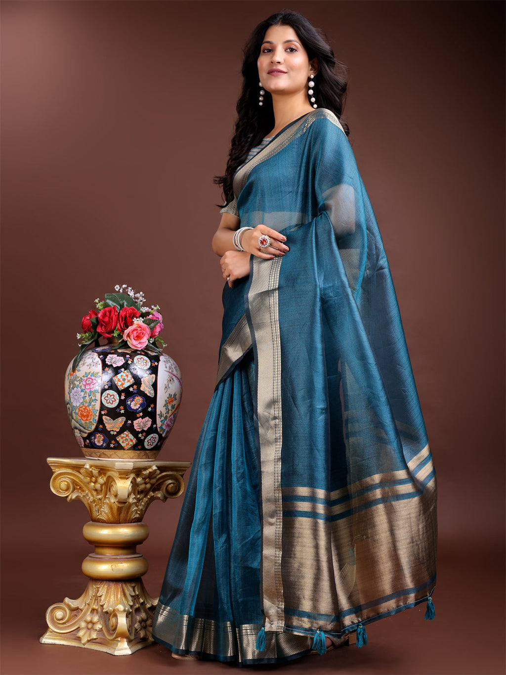 Shree Shyam Fashion Sea Green Organza Woven Zari Work Traditional Tassel Saree