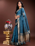 Shree Shyam Fashion Sea Green Organza Woven Zari Work Traditional Tassel Saree