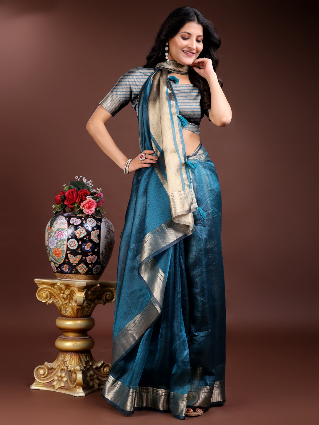 Shree Shyam Fashion Sea Green Organza Woven Zari Work Traditional Tassel Saree