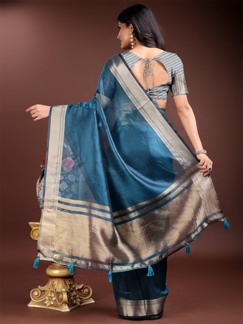 Shree Shyam Fashion Sea Green Organza Woven Zari Work Traditional Tassel Saree