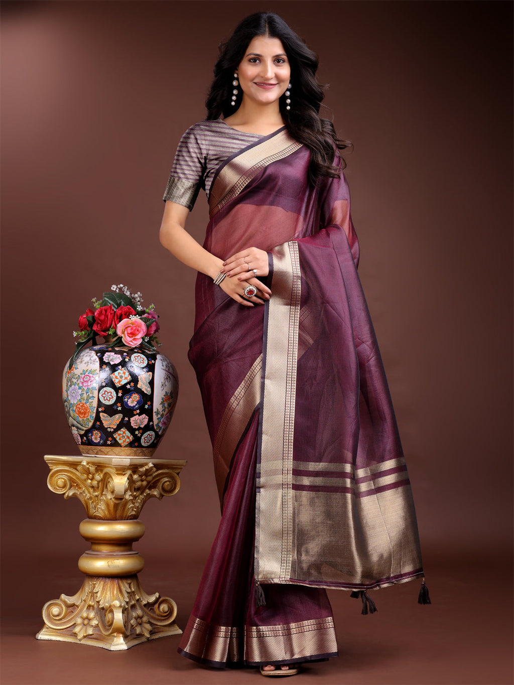 Shree Shyam Fashion Purple Organza Woven Zari Work Traditional Tassel Saree