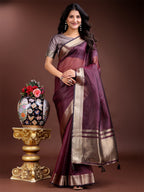 Shree Shyam Fashion Purple Organza Woven Zari Work Traditional Tassel Saree