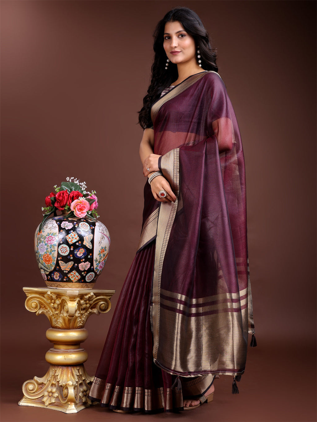 Shree Shyam Fashion Purple Organza Woven Zari Work Traditional Tassel Saree