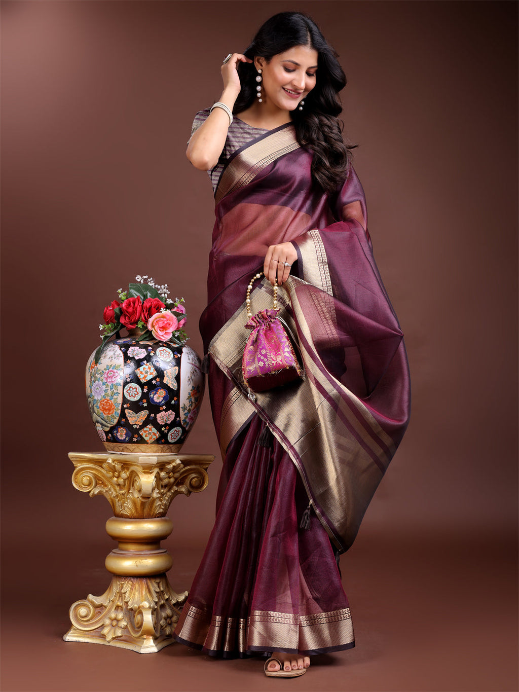 Shree Shyam Fashion Purple Organza Woven Zari Work Traditional Tassel Saree